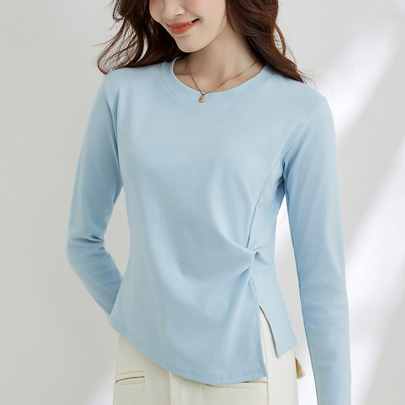 设计感开叉收腰修身长袖t恤女秋季新款不规则圆领百搭打底衫上衣,女装/女士精品,T恤,淘宝优惠券,粉丝福利购,淘宝优惠卷
