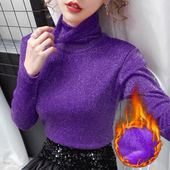 保暖百搭外穿长袖 亮丝打底衫 女高领加绒加厚网纱上衣秋冬款 女T恤