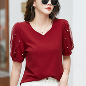短袖 宽松显瘦超仙上衣女 遮肚子洋气小衫 V领纯棉t恤女2025夏季 新款