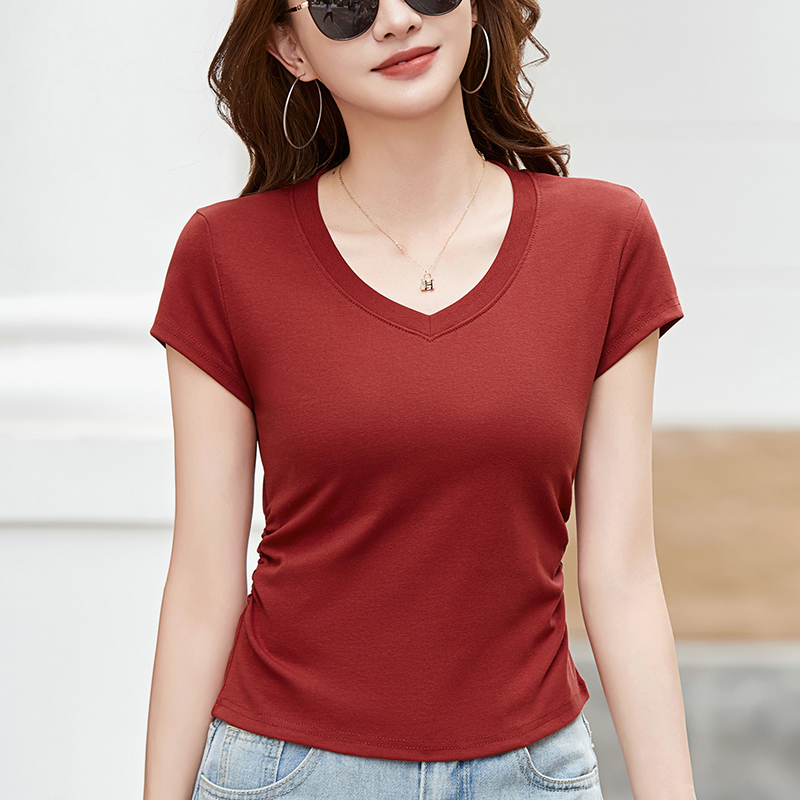 正肩纯棉V领纯色短袖弧形下摆T恤女不规则褶皱收腰修身短款上衣夏
