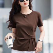 褶皱设计感正肩短袖 遮肉上衣体恤 纯棉收腰宽松半袖 t恤女夏季 新款