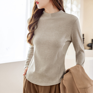 软糯半高领宽松打底衫 上衣 女2025秋冬立领鱼骨设计感弧形下摆短款