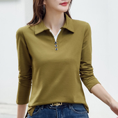 潮 t恤女宽松洋气带领上衣POLO领打底衫 2026春秋新款 纯棉翻领长袖
