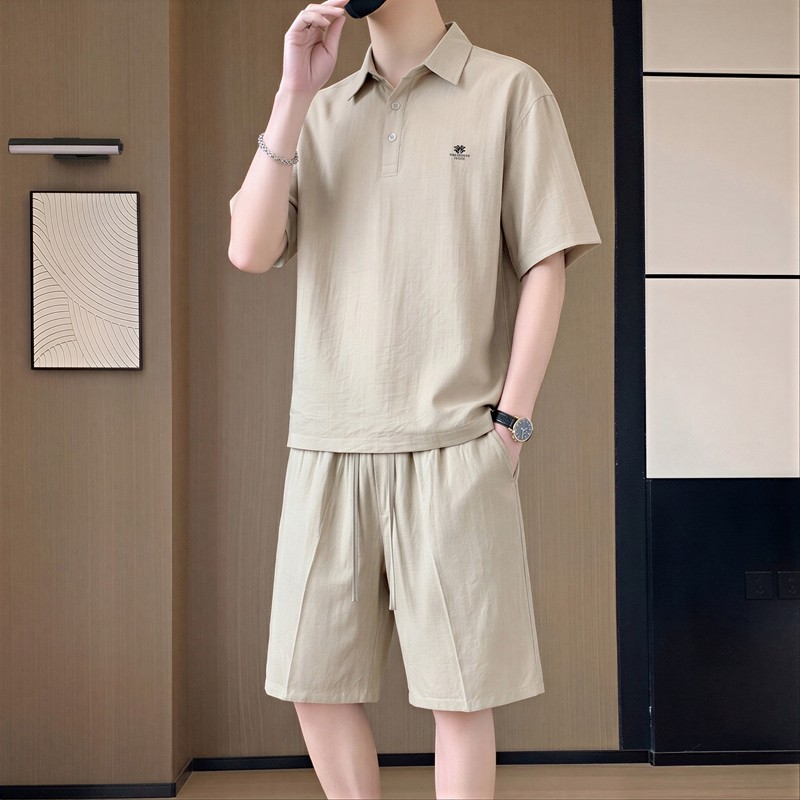 爆款屋-男夏季薄款衬衫OIO衫冰丝麻短袖短裤套装两件套款