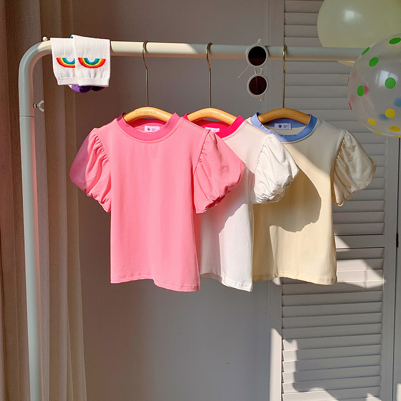 女童夏季网红短袖T恤2025夏装新款女孩公主风灯笼袖纯棉上衣外穿