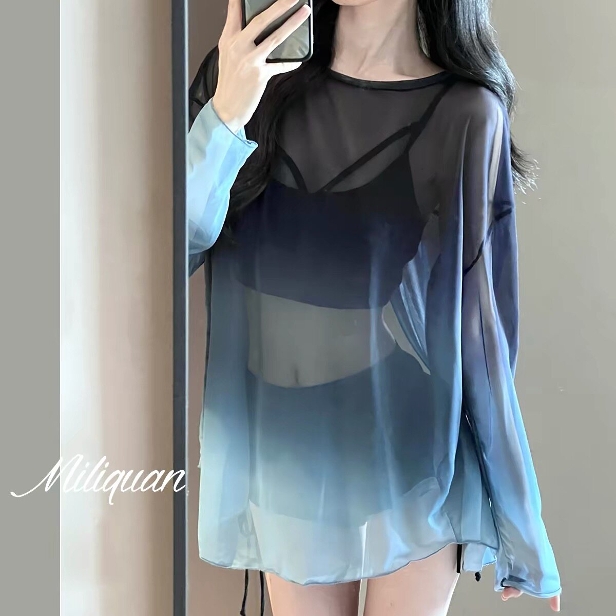 泳衣女款分体三件套长袖罩衫时尚渐变宽松防晒遮肉度假泡温泉泳衣