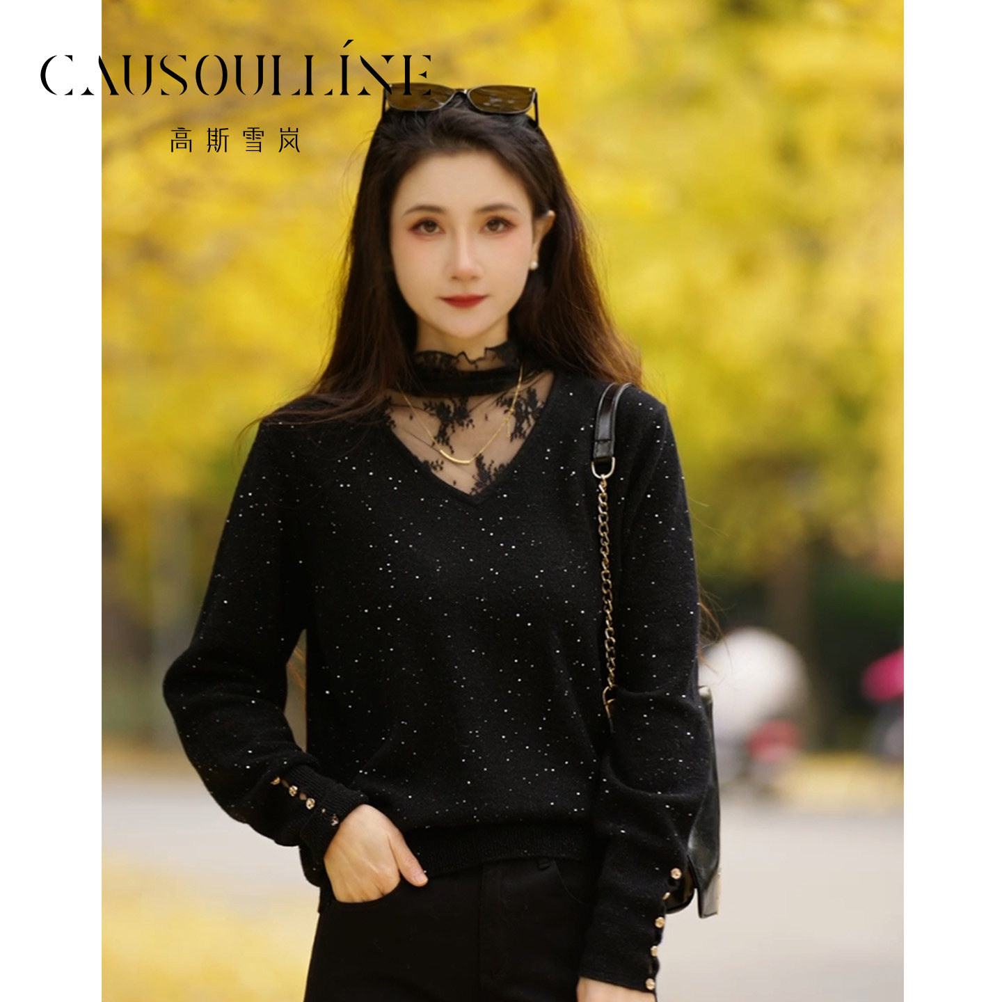 高斯雪岚法式蕾丝拼接V领亮片针织衫假两件打底毛衣优雅25480243,女装/女士精品,毛针织衫,淘宝优惠券,粉丝福利购,淘宝优惠卷