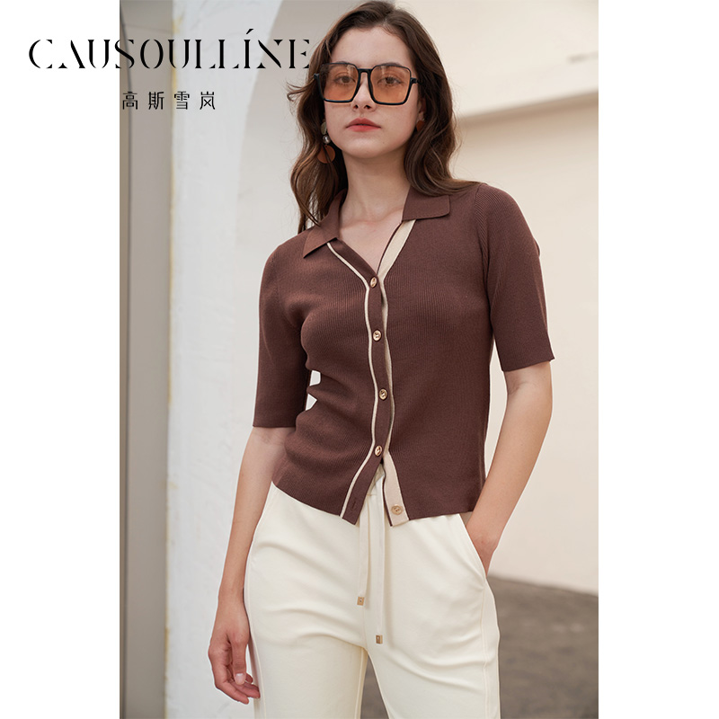 高斯雪岚2024秋新款复古拼色针织衫短袖气质优雅毛衣简约百搭上衣