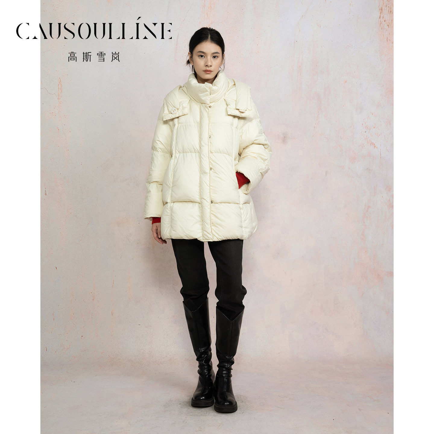 连帽白鹅绒羽绒服中长款面包服
