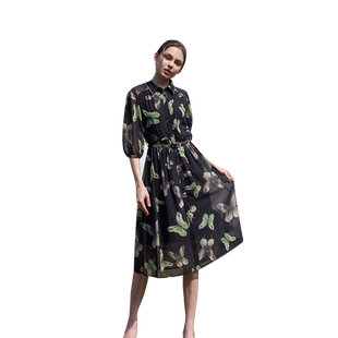 高斯雪岚2024春装新品印花雪纺连衣裙系带优雅度假a字裙中长裙