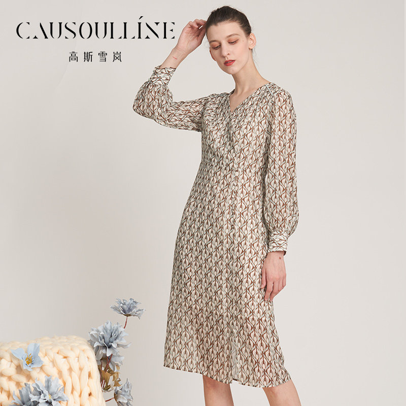 高斯雪岚2022年秋装新款中长款连衣裙女V领时尚印花裙子商场同款,女装/女士精品,连衣裙,淘宝优惠券,粉丝福利购,淘宝优惠卷