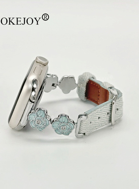 POOKEJOY适用苹果applewatch11蔷薇花牛仔表带s10金属拼真皮s9/s8