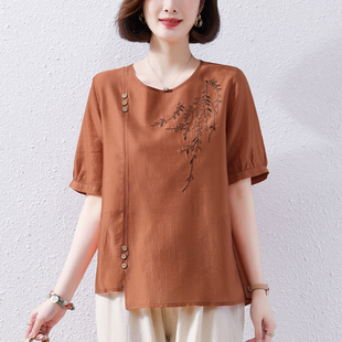 女装 妈妈夏装 加大码 T恤女新款 宽松中老年休闲刺绣遮肚子上衣 短袖