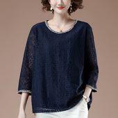 t恤春秋装 宽松蕾丝上衣女中袖 新款 半袖 加肥加大码 中年妈妈七分袖