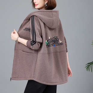 刺绣连帽开衫 中年胖妈妈中长款 卫衣 宽松加肥加大码 外套女秋冬新款