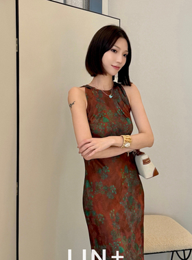 LIN+  -夏上新～复古人丝香云纱提花度假法式斜裁连衣裙SS822-321