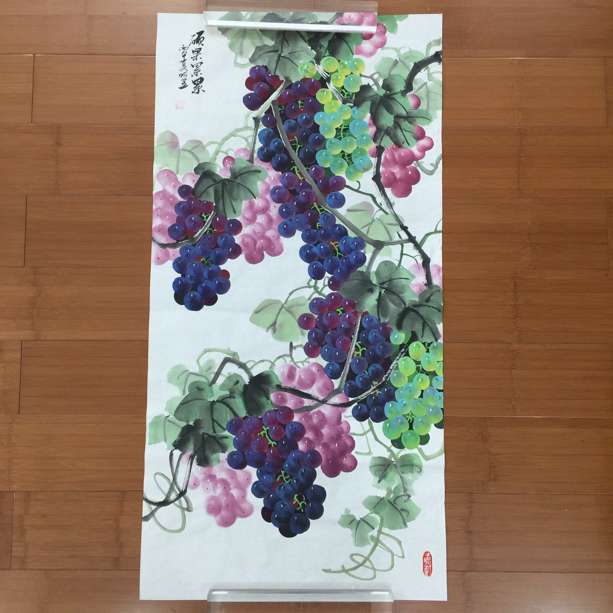 听昱手绘葡萄国画三尺竖版中堂玄关走廊中式丰收水果装饰画98*50
