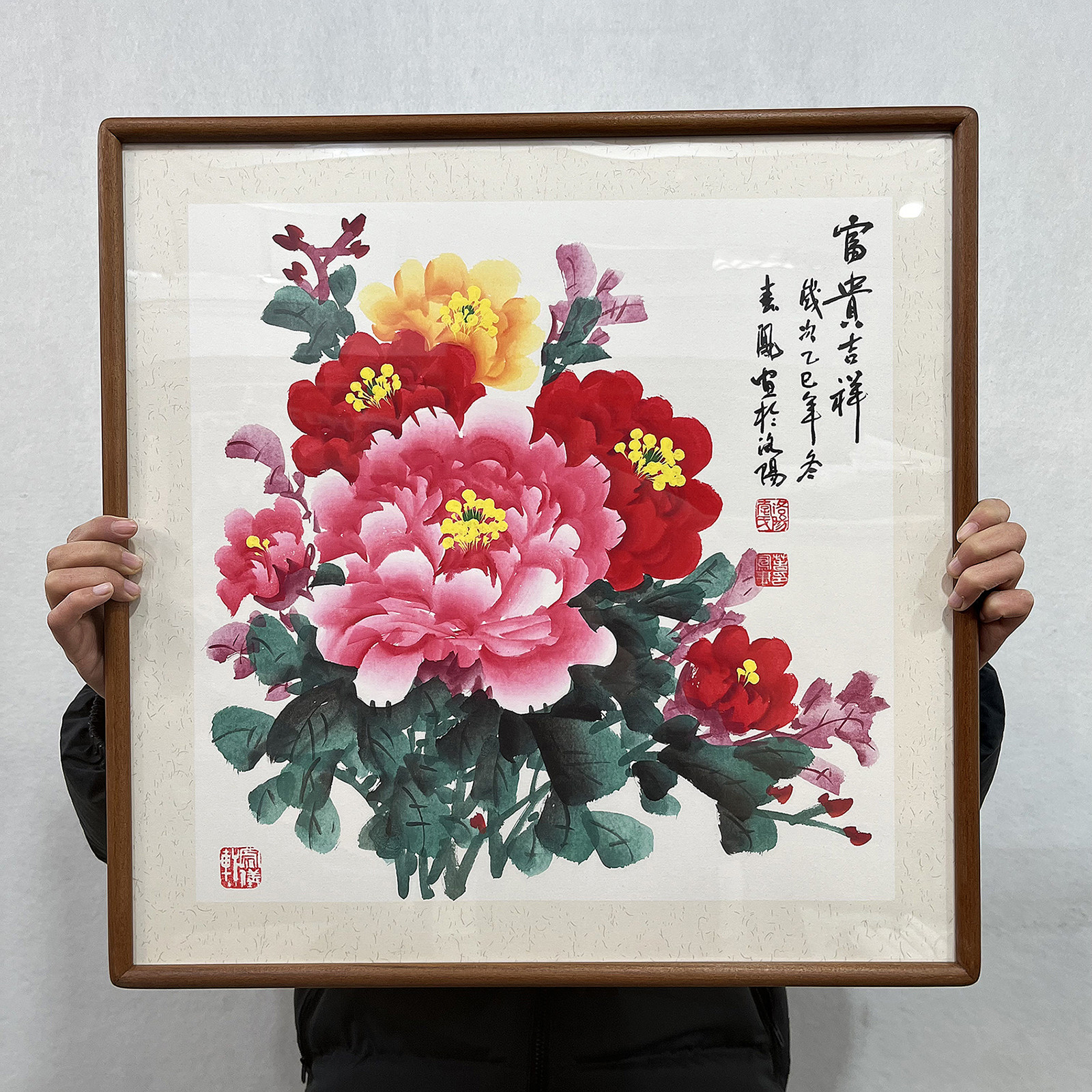 李春凤手绘国画牡丹花开富贵中式入户玄关装饰画带框斗方挂画餐厅