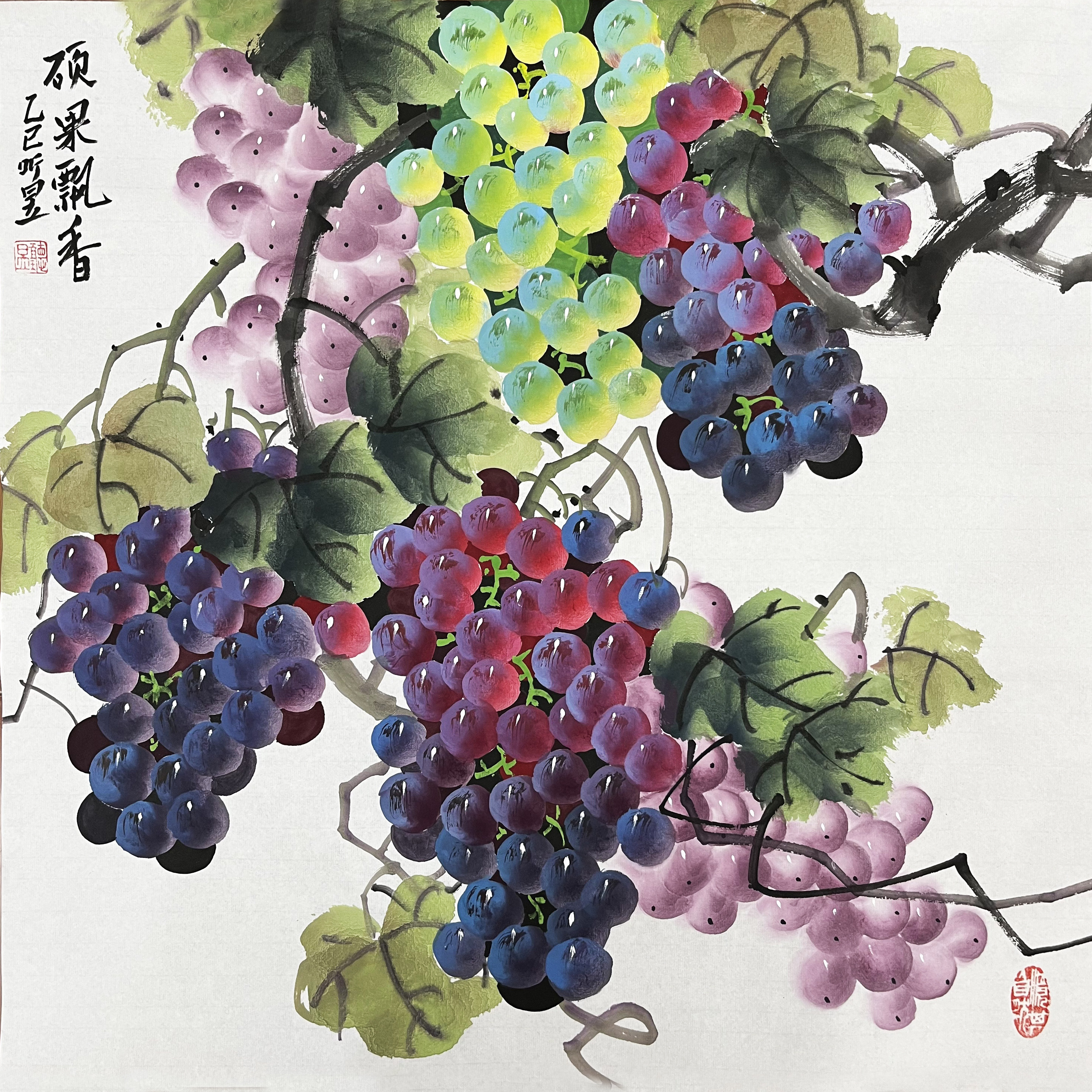 听昱亲笔手绘三尺斗方宣纸紫气东来客厅餐厅花鸟挂画作品50*50