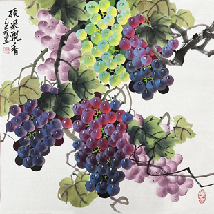听昱亲笔手绘三尺斗方宣纸紫气东来客厅餐厅花鸟挂画作品50*50