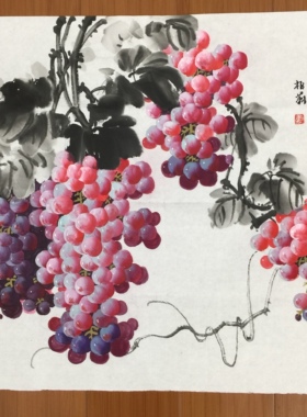卢柏莉手绘国画葡萄三尺斗方紫气东来丰收硕果餐厅走廊玄关装饰画