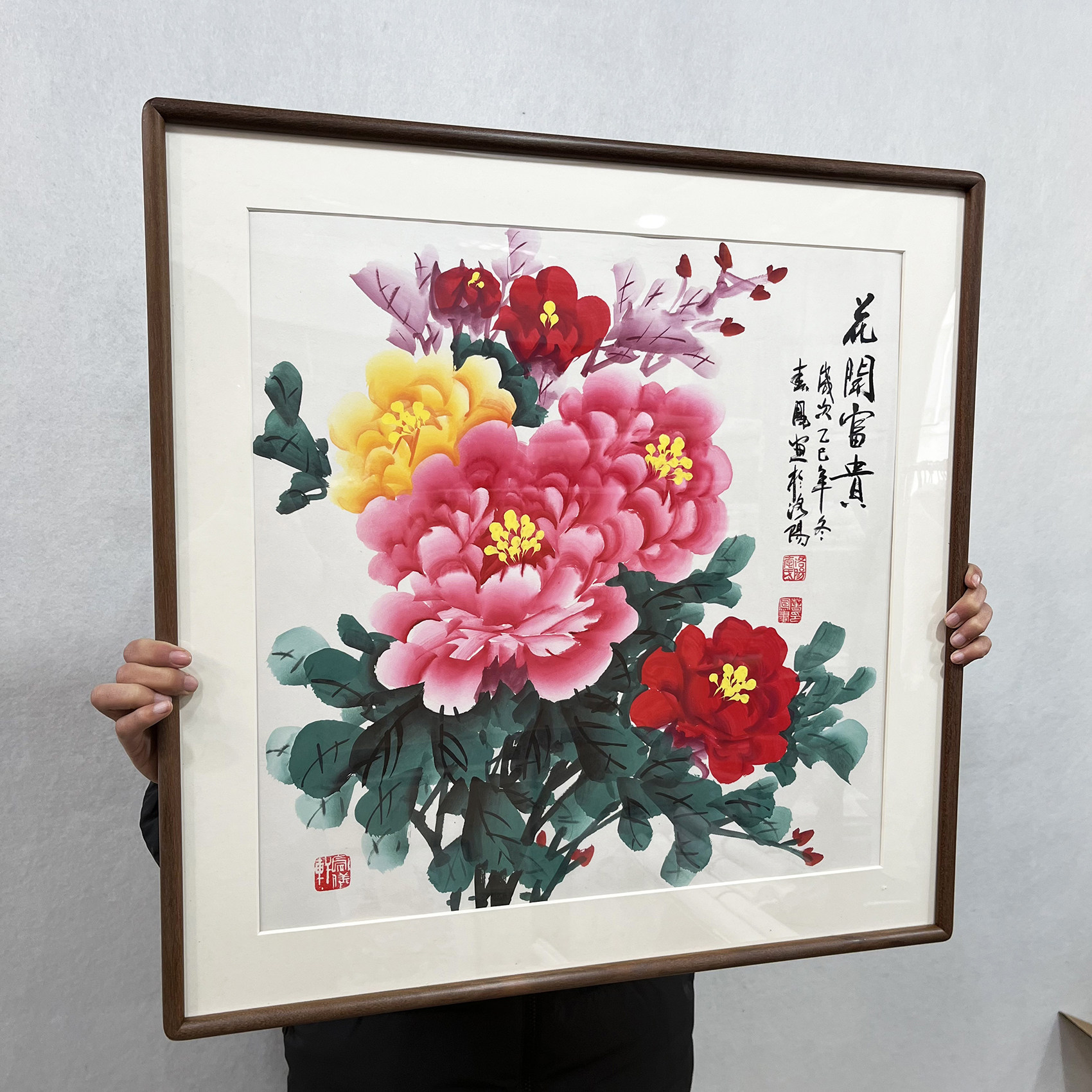 李春凤手绘国画牡丹花开富贵中式玄关餐厅装饰装裱带框斗方挂画