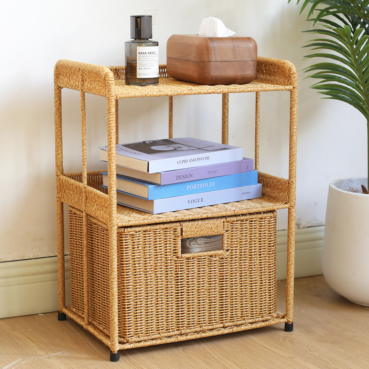 KENS北欧风床头柜仿藤编卧室床头边柜子客厅杂物收纳整理置物架