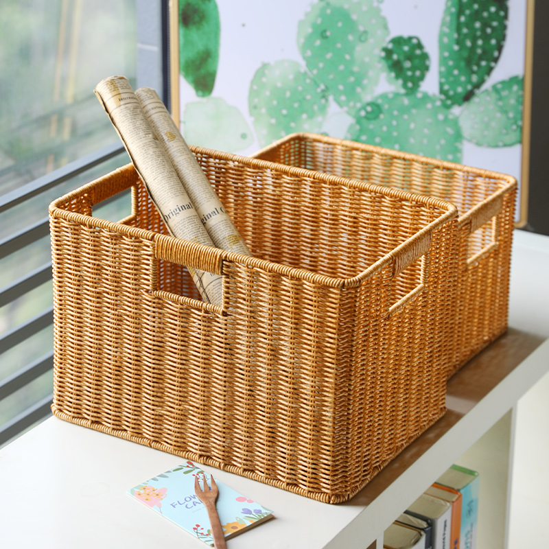 Kens收纳筐方形仿藤编书架格子柜编织篮抽屉式收纳盒橱柜储物筐