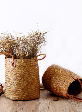 KENS网红款插花篮 手工草编收纳篮 创意花盆套 圆形小提篮花器