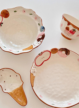 可爱水果甜品深盘陶瓷米饭汤面碗蘸料碟沙拉意面餐具礼物手绘浮雕