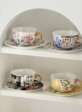 青花出口英国下午茶套杯咖啡杯茶杯中西合璧不规则陶瓷杯