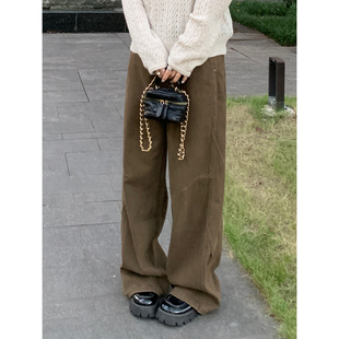 模特自留款！蘑糯糯同款风格裤子 复古显瘦高腰棕咖色牛仔裤女