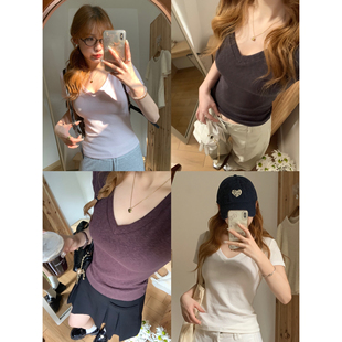 新款 蘑糯糯同款 女夏季 T恤纯欲百搭白色短袖 正肩上衣 多色V领短袖