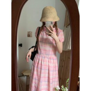 莓果格纹超细旦亚麻少女感连衣裙中长裙
