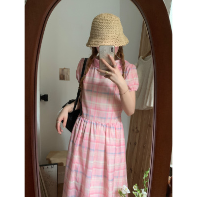 莓果格纹超细旦亚麻少女感连衣裙中长裙