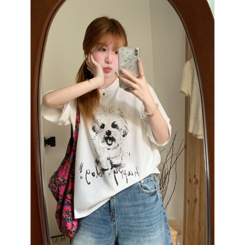 HAPPY小狗 白色印花圆领短袖T恤女夏韩系百搭显瘦宽松上衣