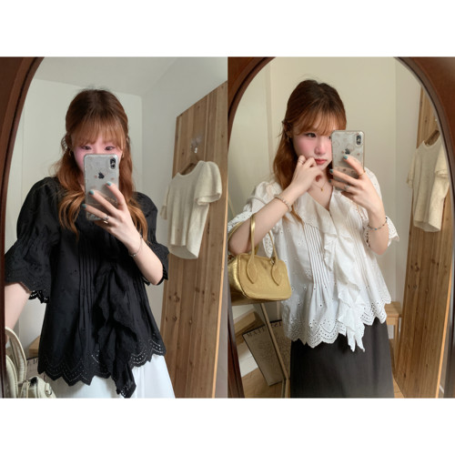 美丽仙品 D0EN手工车条定做绣花小衫泡泡袖短袖女夏
