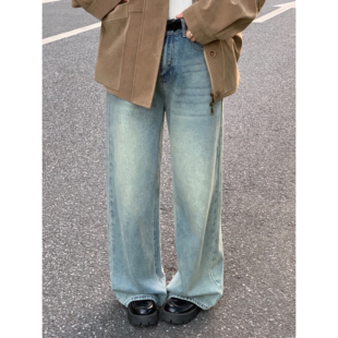 美式复古牛仔裤女秋季新款休闲显瘦高腰阔腿裤子宽松直筒拖地长裤