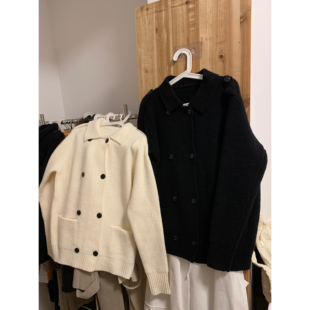 宅女nbs同款 三色翻领宽松双排扣毛衣