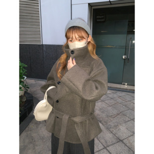 灰绿色金敏喜 lemair*同款翻领立领毛呢外套女冬韩版宽松呢子大衣