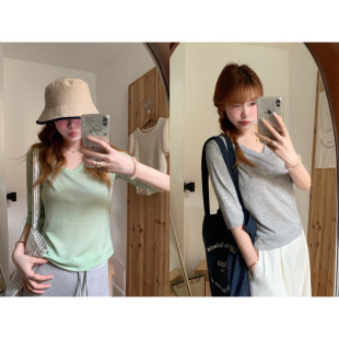 蘑糯糯同款【超凉快】灰色/苹果绿V领中袖T恤长袖防晒显瘦女上衣