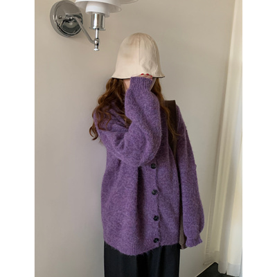 葡萄紫色毛衣外套女春秋2025韩版宽松外穿慵懒风加厚针织开衫上衣