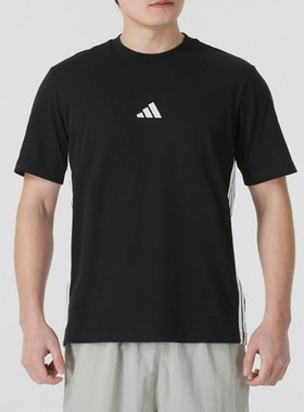 adidas阿迪达斯三条纹黑色半截袖2025春男棉质落肩短袖T恤 JY8564