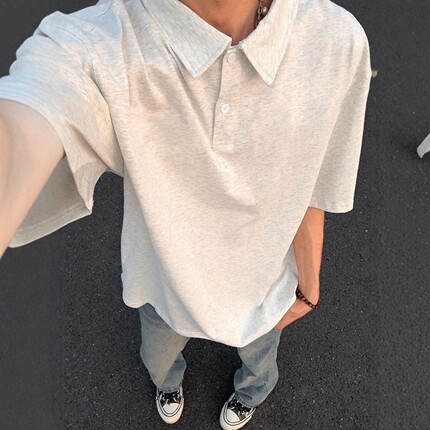 白灰色纯棉POLO衫短袖T恤男款夏季青少年宽松重磅翻领正肩衬衫领
