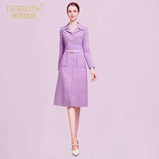 黛薇璐媤小香风粗花呢长袖连衣裙女2026春新款法式气质收腰A裙紫