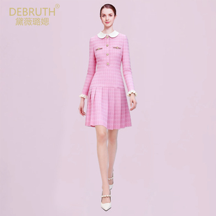 黛薇璐媤小香风娃娃领公主连衣裙女2026春新款气质收腰压褶A裙粉