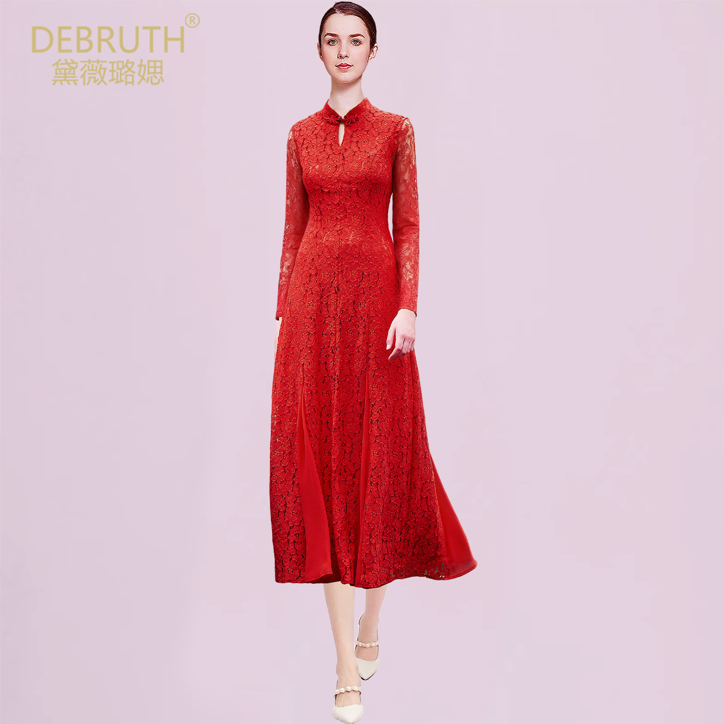 黛薇璐媤长款蕾丝长袖旗袍连衣裙