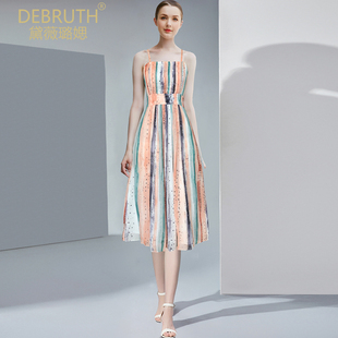 黛薇璐媤印花雪纺吊带背心连衣裙女夏季 度假气质收腰沙滩裙橘 新款