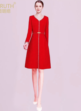 黛薇璐媤红色V领订珠小香风公主连衣裙女2025秋冬新款气质收腰A裙