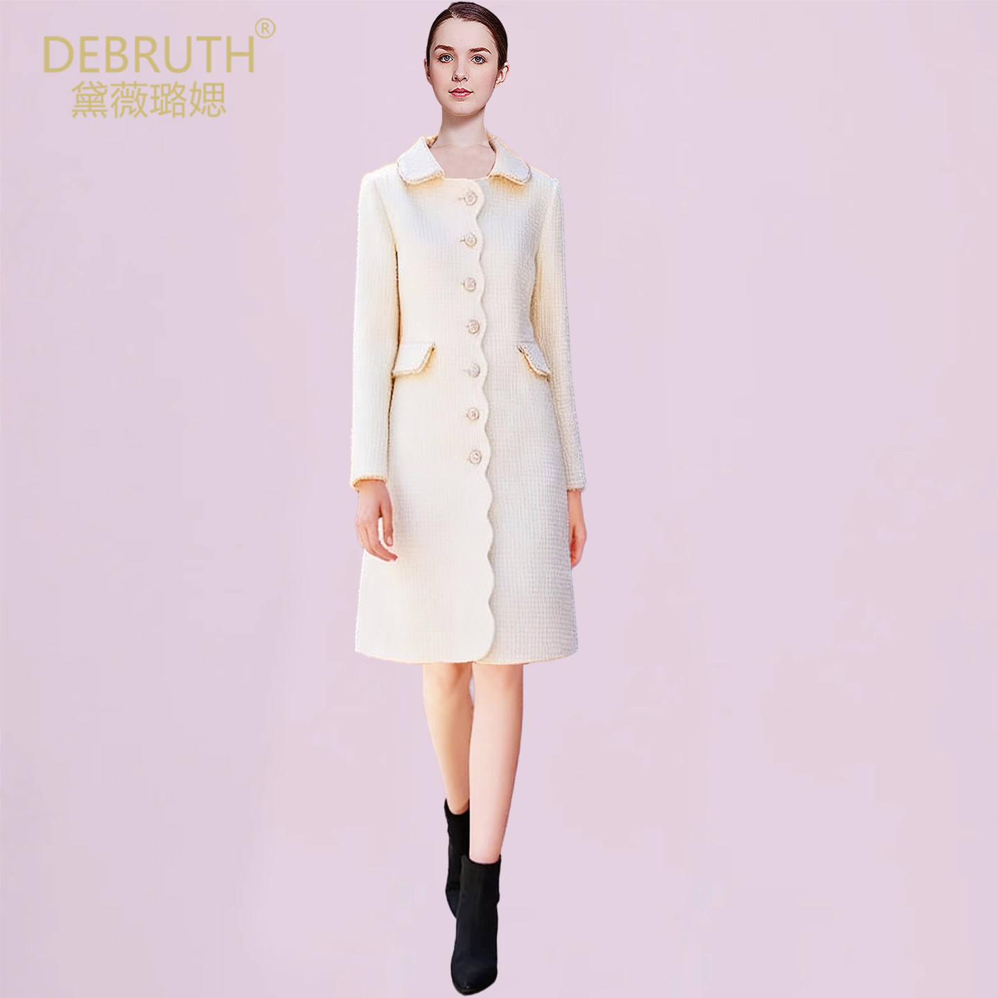 黛薇璐媤小香风粗花呢外套女中长2025秋冬新款法式气质收腰大衣白,女装/女士精品,毛呢外套,淘宝优惠券,粉丝福利购,淘宝优惠卷